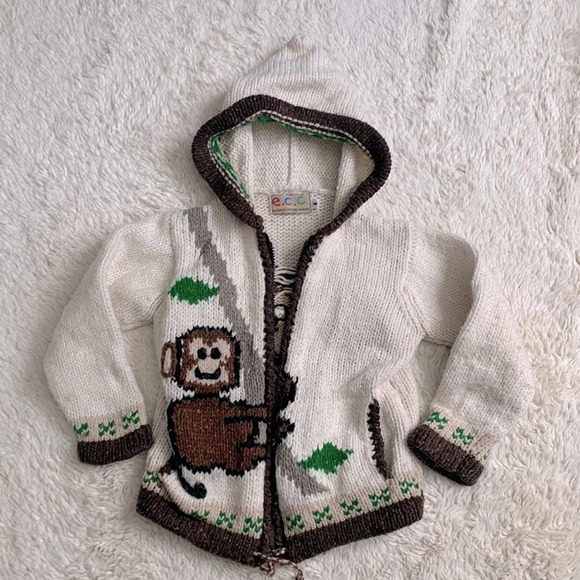 Ecuadorian clothing company half wool half cotton monkey sweater hoodie size 4 - Picture 1 of 8